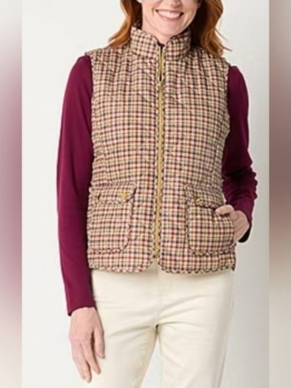St Johns Bay Women Neutral Checkerd Vest Jacket Size 2X NWT